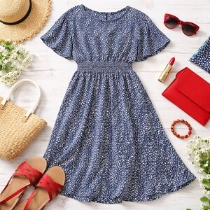 Agnes Orinda Navy White Print Midi Dress 4X Plus Size Smocked Waist Flowy